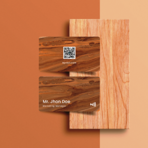 Wooden background NFC card with QR code and your name